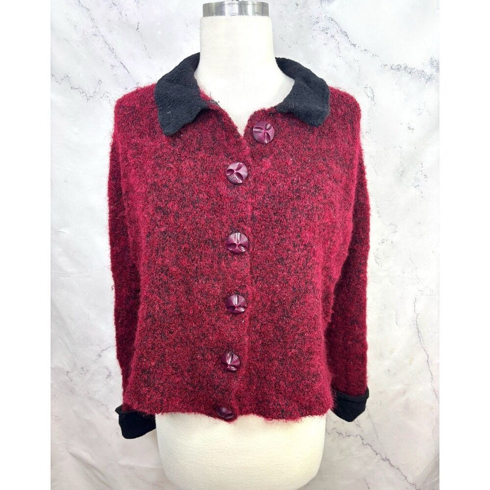 Vtg 1940s 50s Cardigan Mohair Wool Fuzzy Knit Sweater M/L Retro Postwar MCM 40s